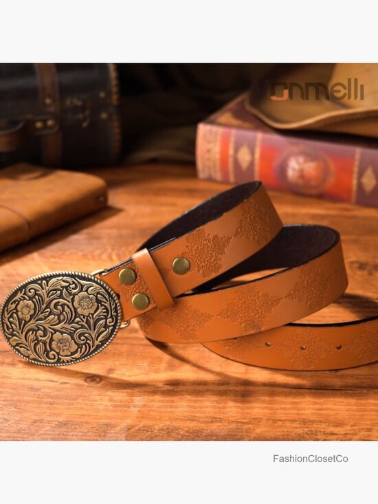 Western Belt PU Leather Embossed Floral Buckle for Jeans Pants Cowgirl Cowboy main image 5